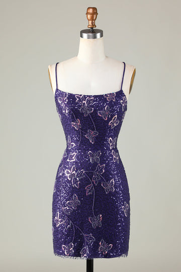 Sparkly Sheath Spaghetti Straps Dark Purple Short Ball Dress with Criss Cross Back